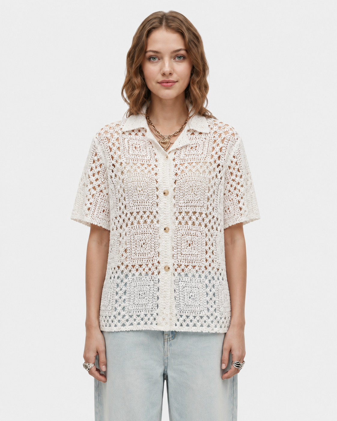 Camicia uncinetto bianca a maniche corte