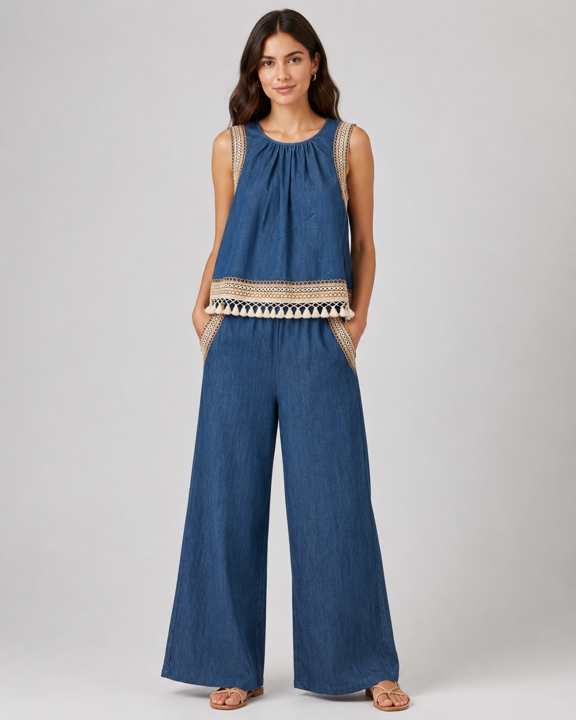 Coordinato top e pantaloni in denim con ricami etnici