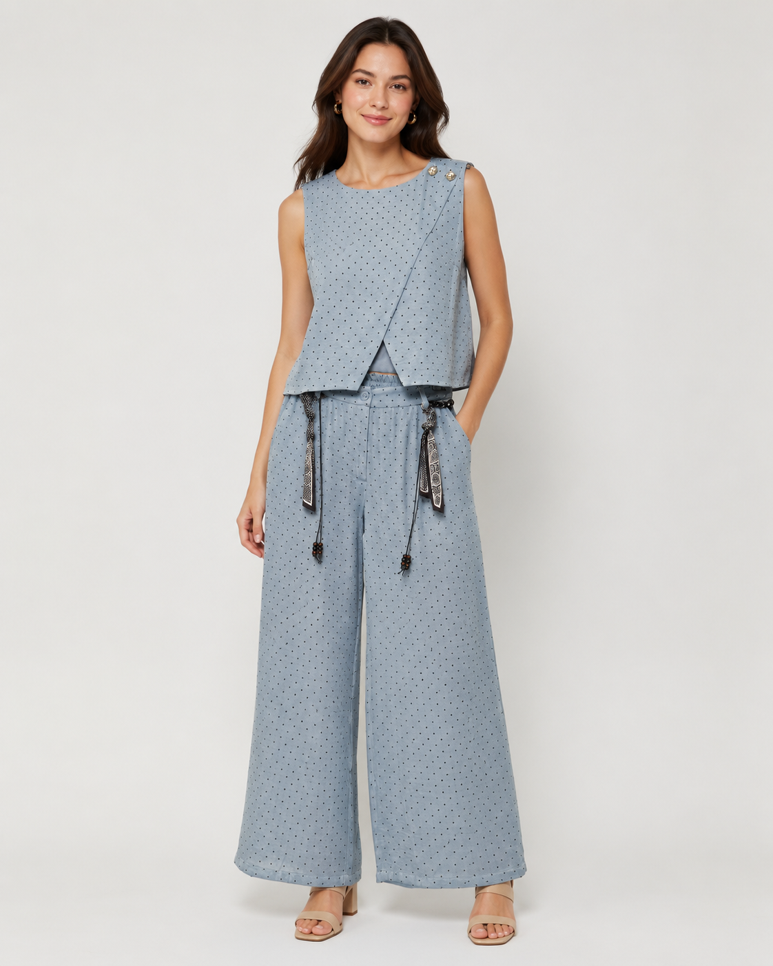 Coordinato top e pantaloni palazzo a pois