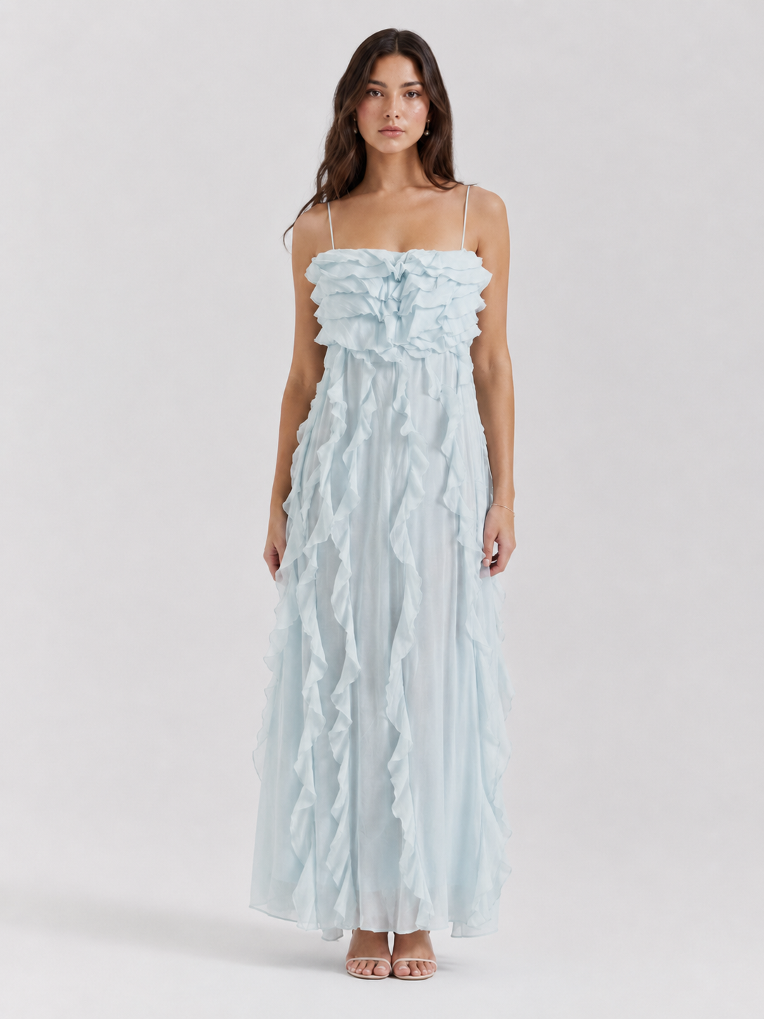 Vestito lungo strapless azzurro con volant