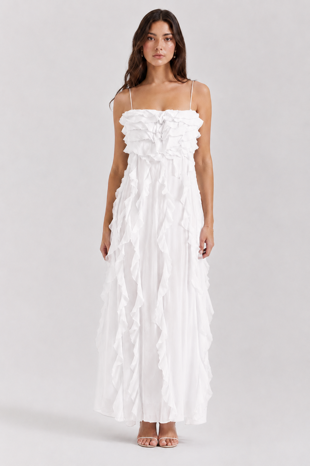 Vestito lungo strapless azzurro con volant