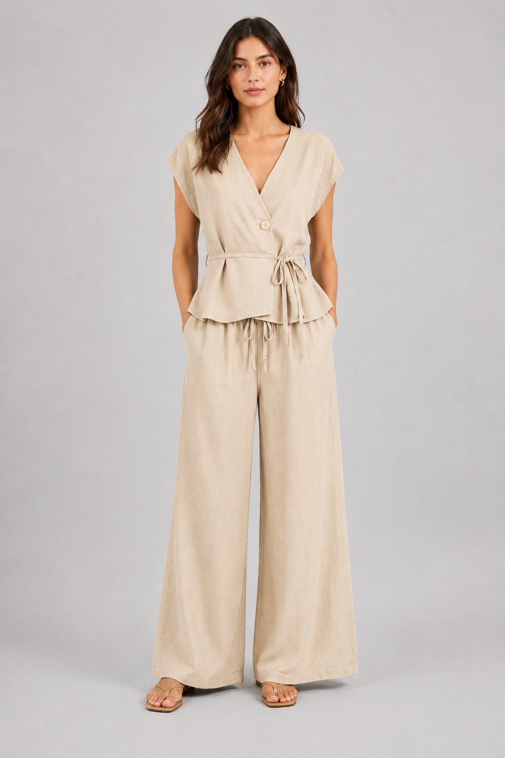 Coordinato kimono e pantaloni palazzo blu navy con bottone oro