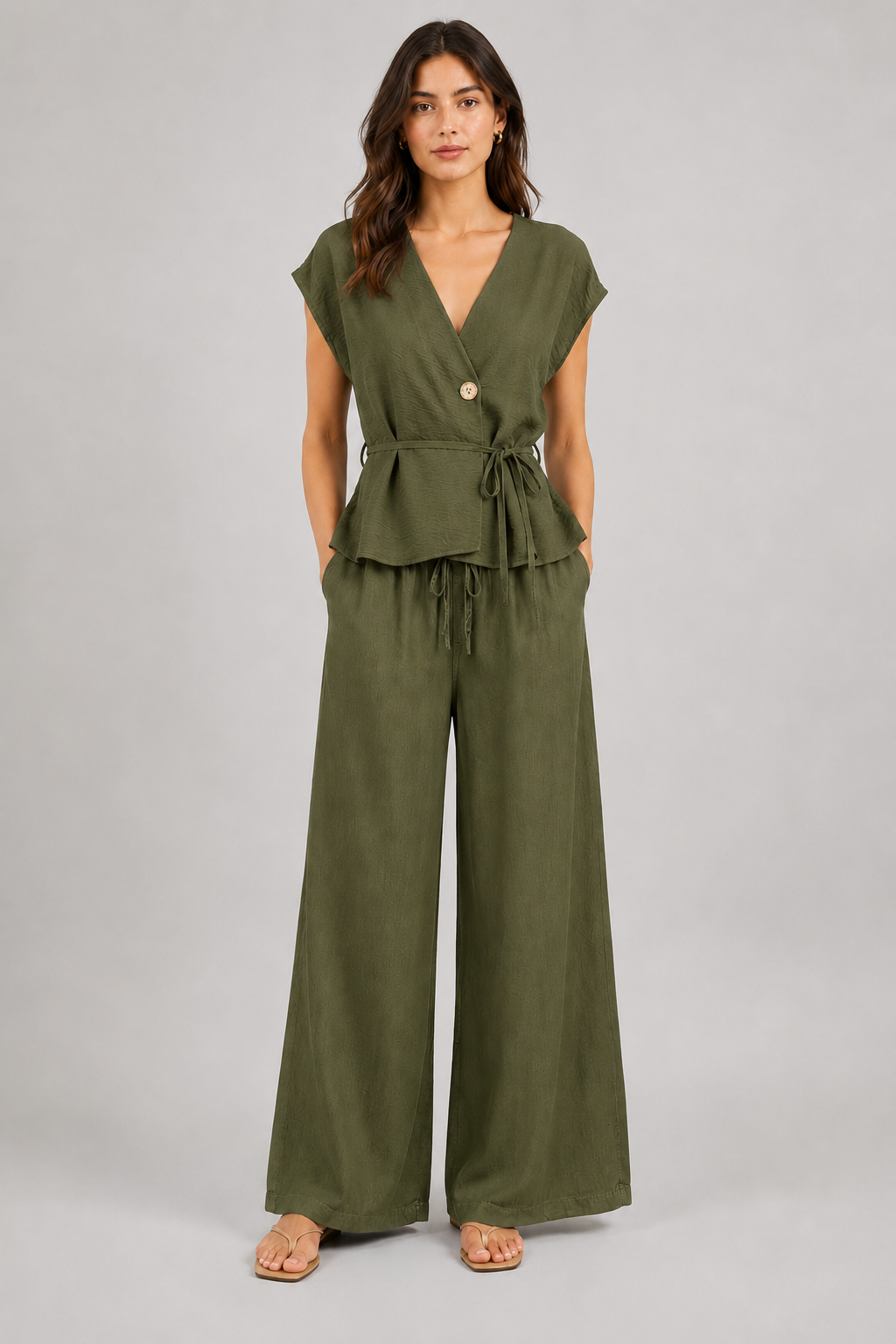 Coordinato kimono e pantaloni palazzo blu navy con bottone oro