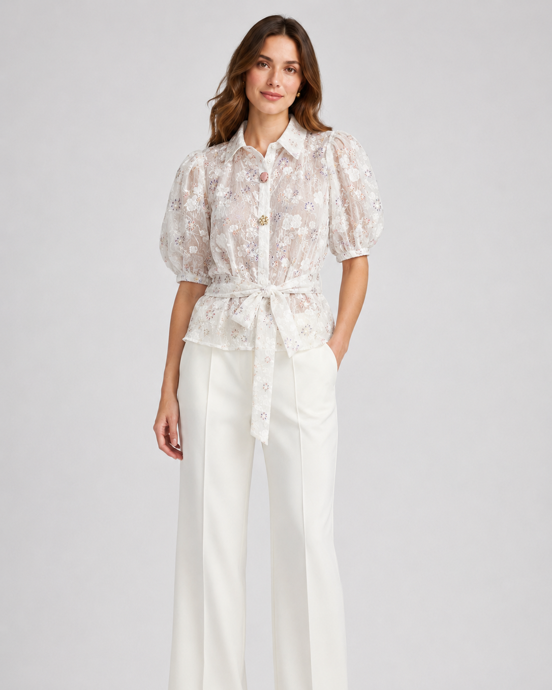 Camicia panna a fiorellini con maniche a palloncino
